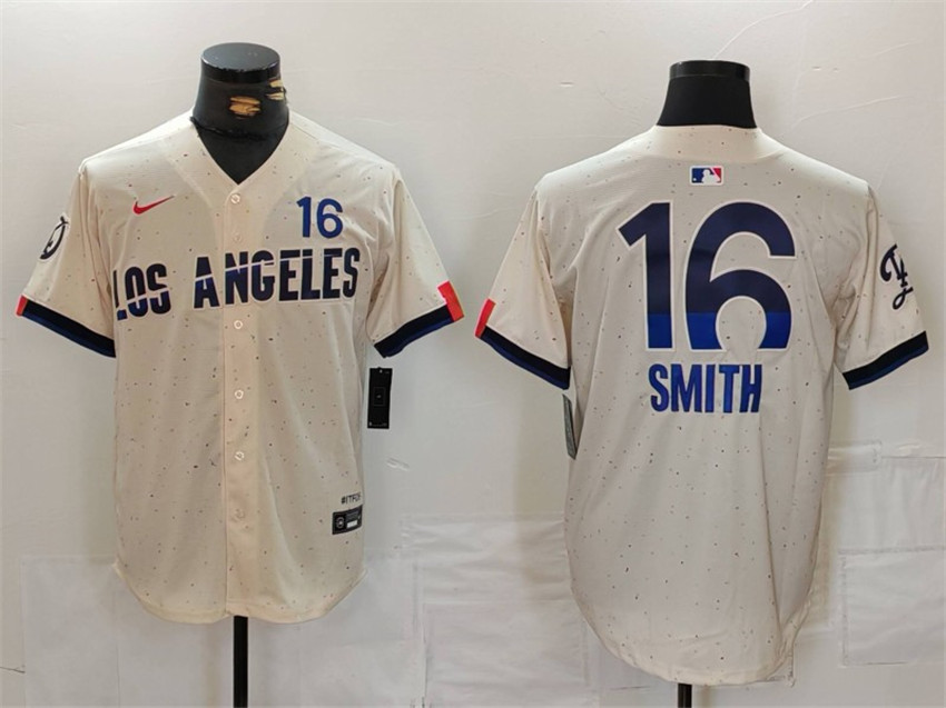 Men's Cream Los Angeles Dodgers #16 Will Smith 2024 City Connect Limited Stitched Baseball Jersey